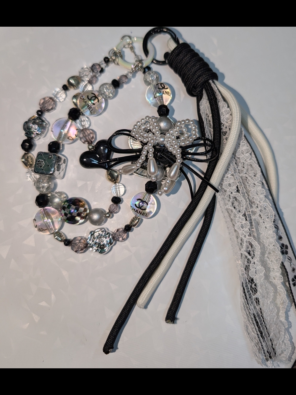Black & White Pearl Bow Tassel Charm with Logo Beads
